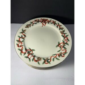 Retroneu Holiday Ribbons 10.75" Dinner Plates Set of 10 1997 Christmas Pinecone